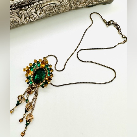 Vintage ANTIQUE Green PendantCrystal Tassel
